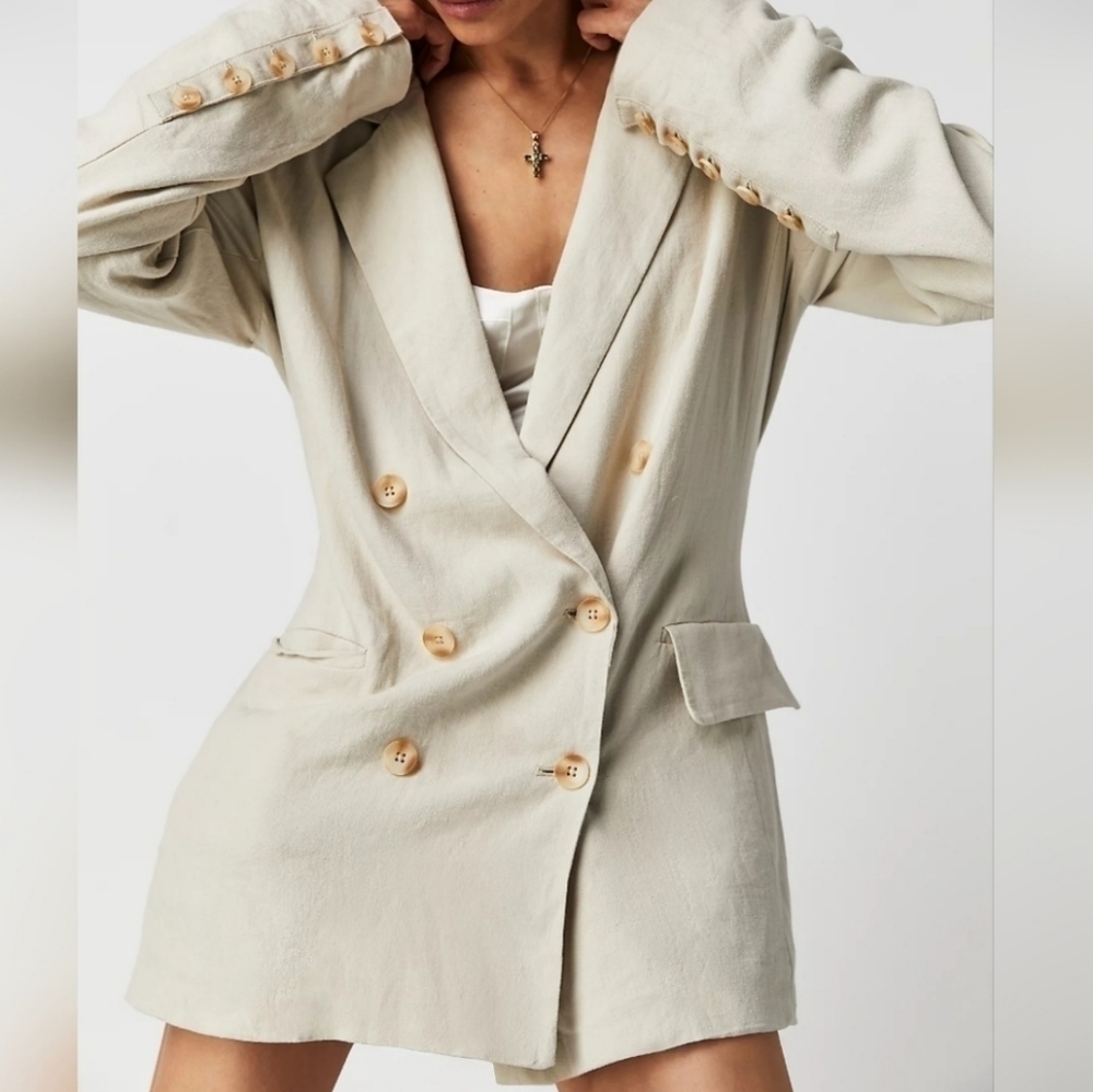 Free People Olivia Double Breasted Linen Blend Pebble/Sand Blazer New XS - Picture 3 of 17